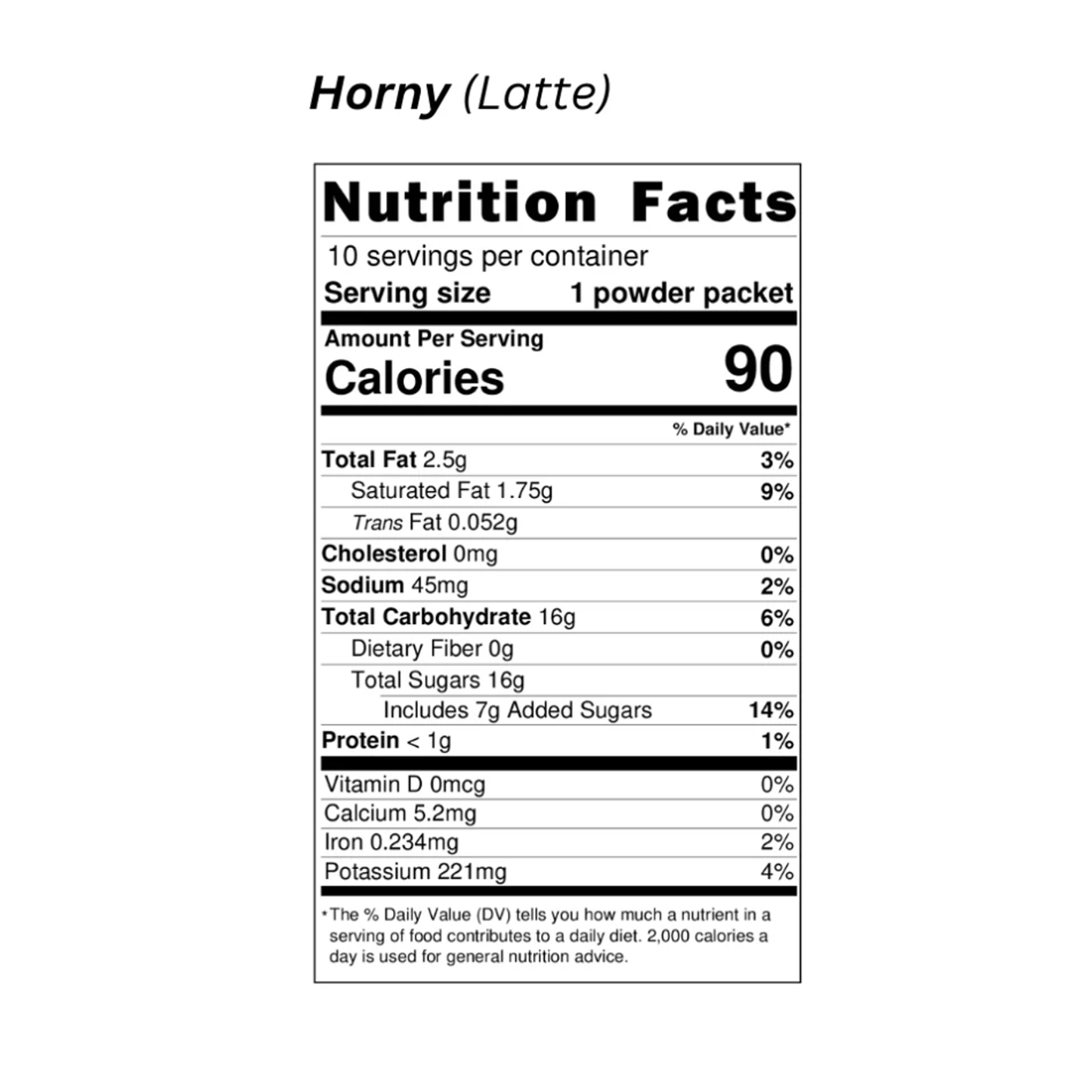 Nutrition facts for Horny Latte – creamer and sugar added (7 in 1)